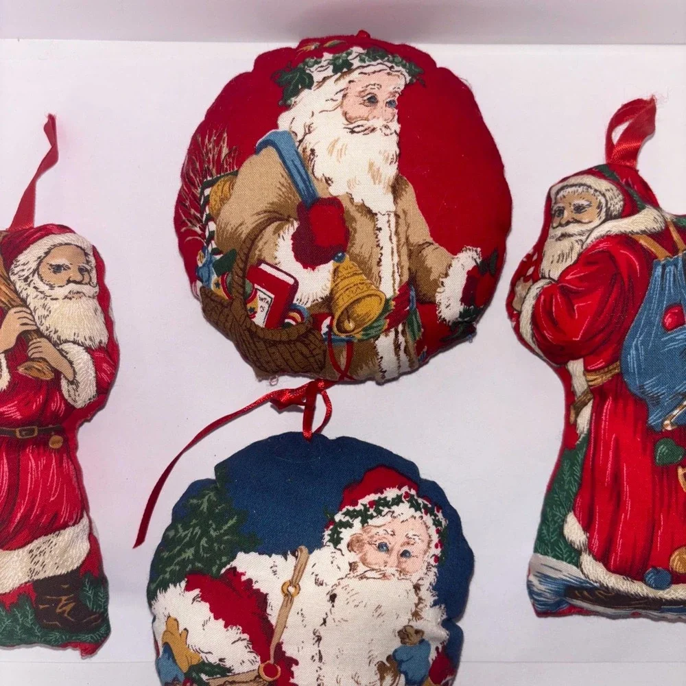 4 Vintage Fabric Pillow Christmas Ornaments Father Christmas Santa